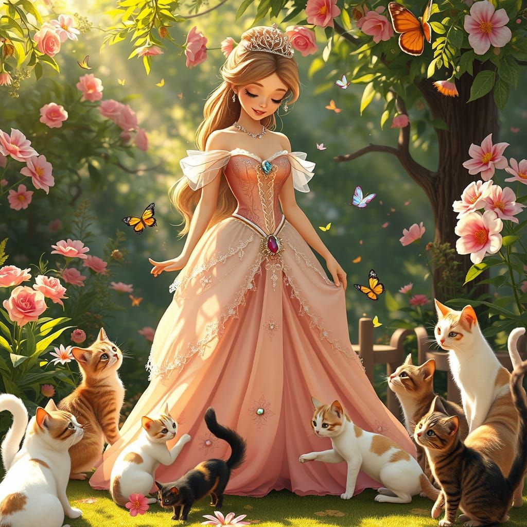 Whimsical Princess Surrounded by Playful Cats in a Lush Gard...