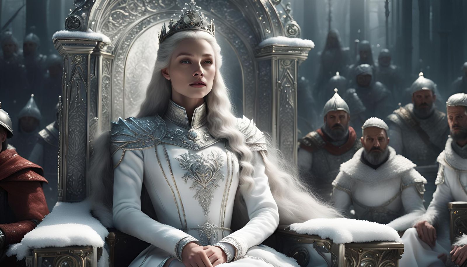 Icy Queen on Throne with Loyal Soldiers
