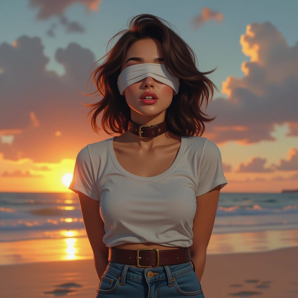 Woman Gagged and Blindfolded on Beach at Sunset