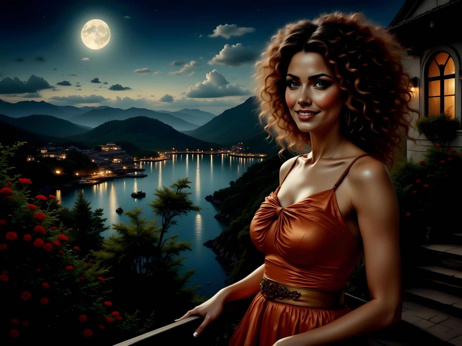 The smiles at you  on the terrace under the moon