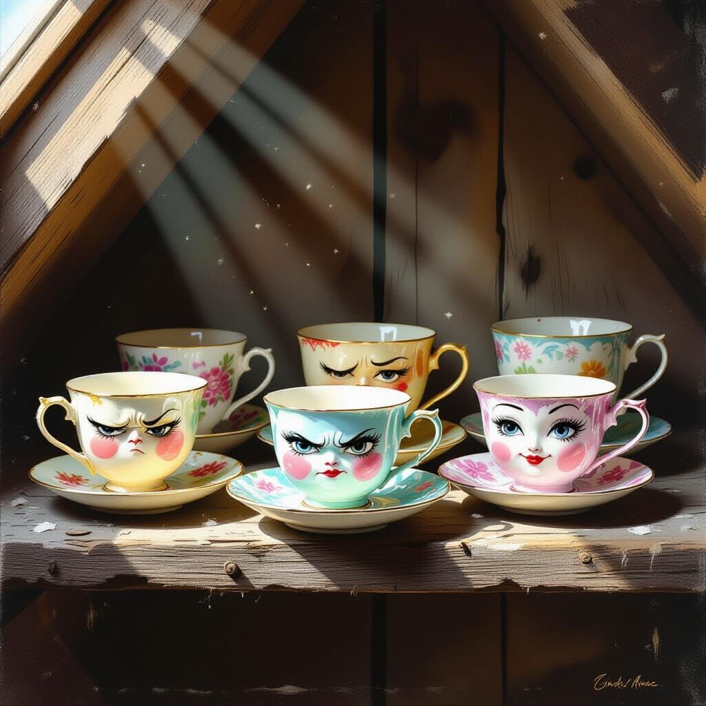 Antique Teacups with Faces on Dusty Shelf