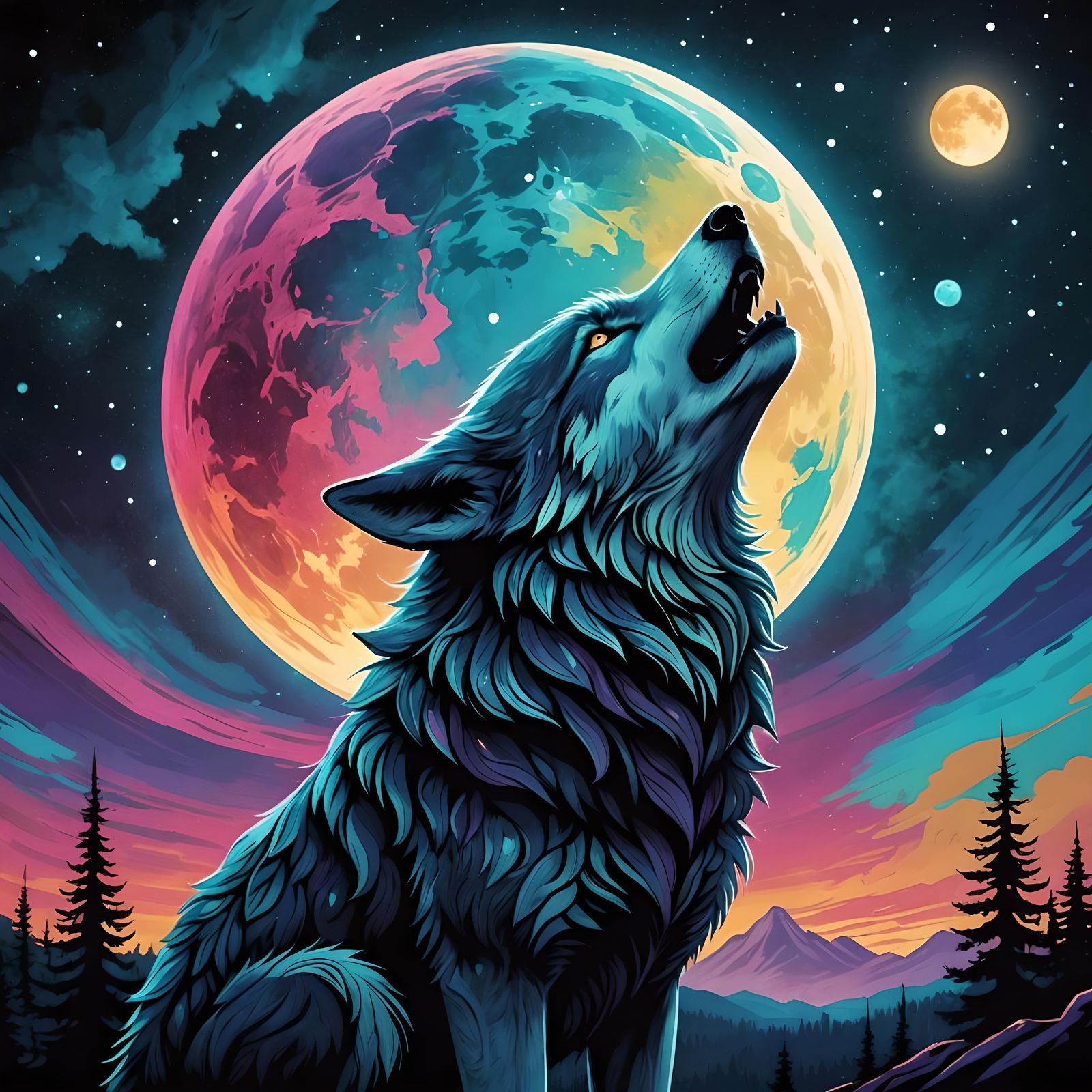 A beautiful, fierce Wolf howling At The Moon