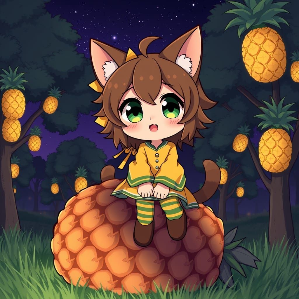Cute Catgirl Enjoys Pineapple in Starry Night