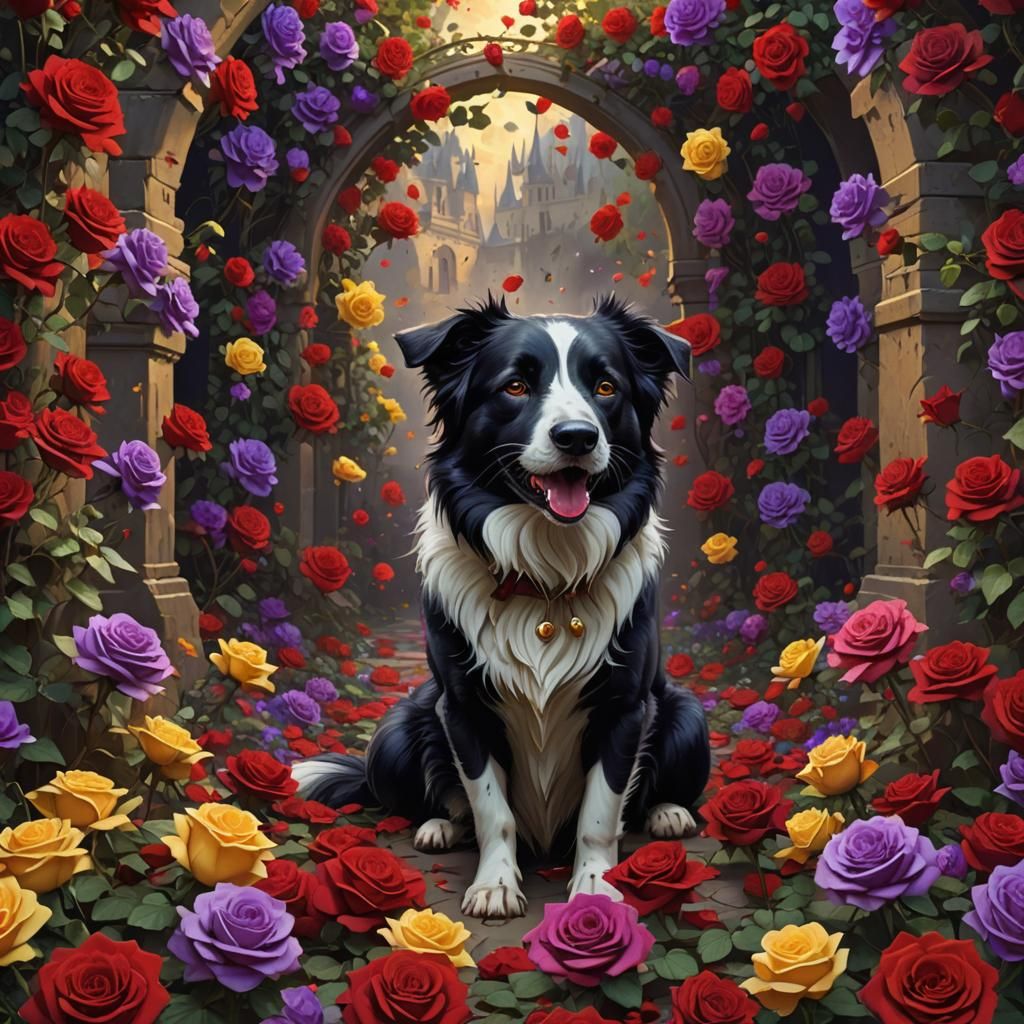 Border Collie in Red Roses: Dark Fantasy Art