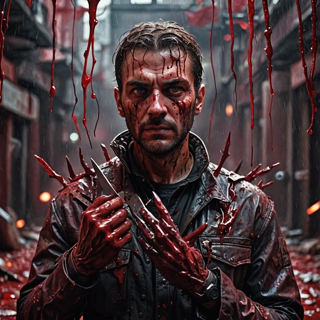 Sci-Fi Horror: Man with Blood Head and Knife Hands