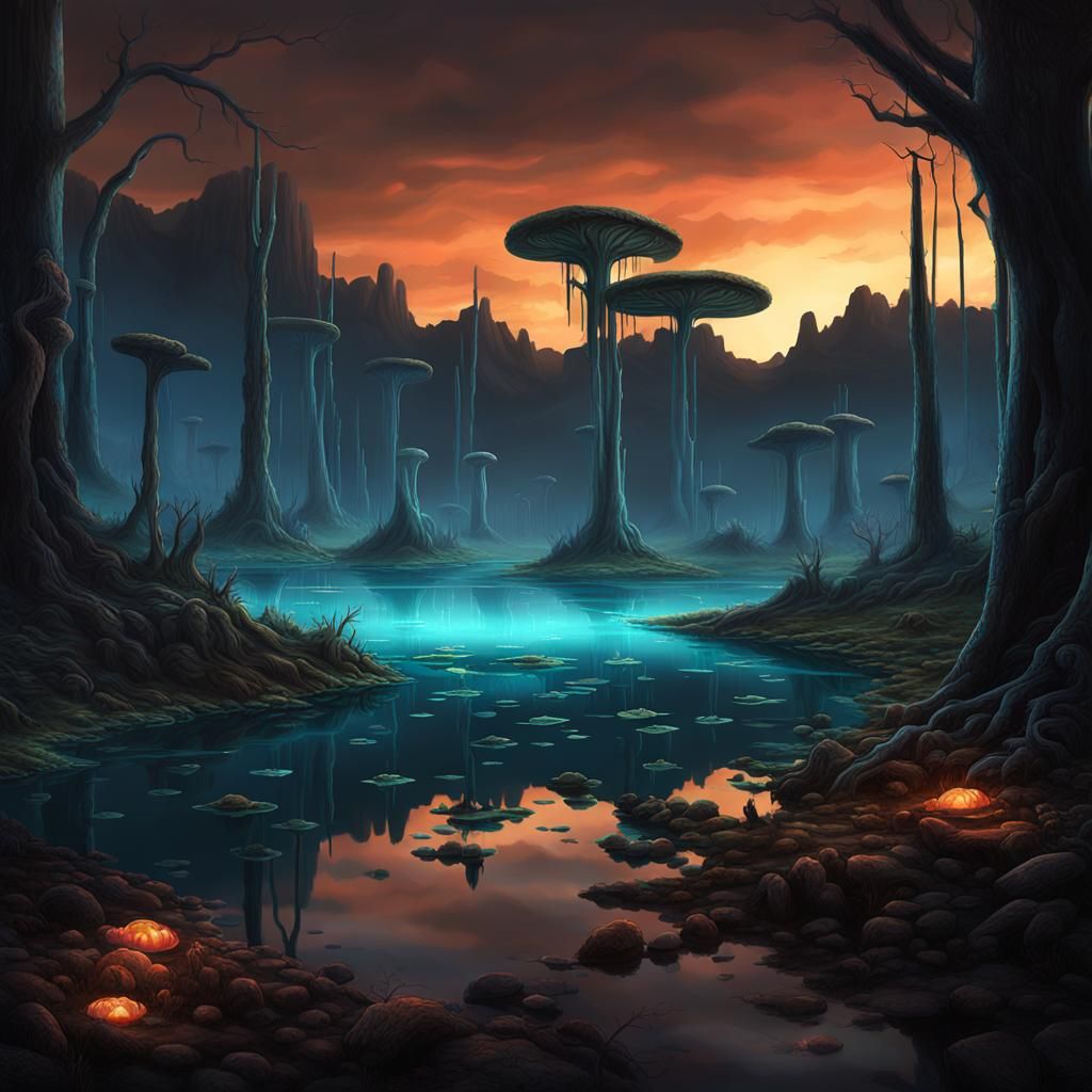 Bioluminescent Underworld Lakes in Digital Matte Painting
