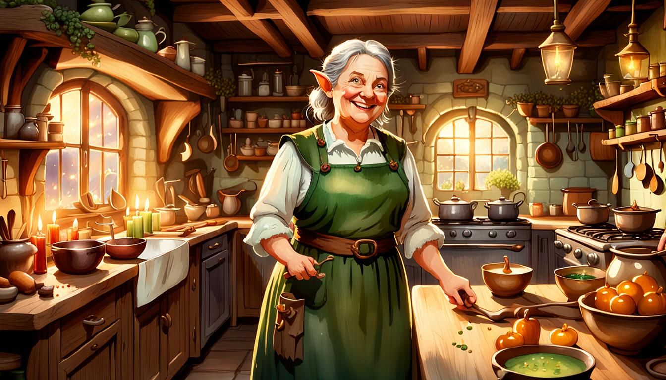 Cozy Fantasy Kitchen Scene in Earthy Tones