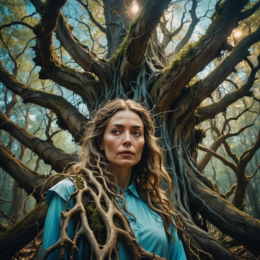 Serene Woman in Surrealist Forest Landscape