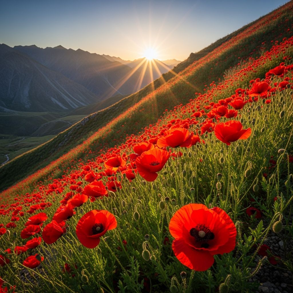 Red Poppies on Mountain Slope in Vibrant Style