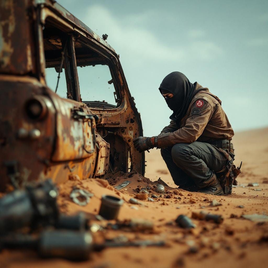 Veiled Mechanic Repairs Car in Desert: Photorealistic Art