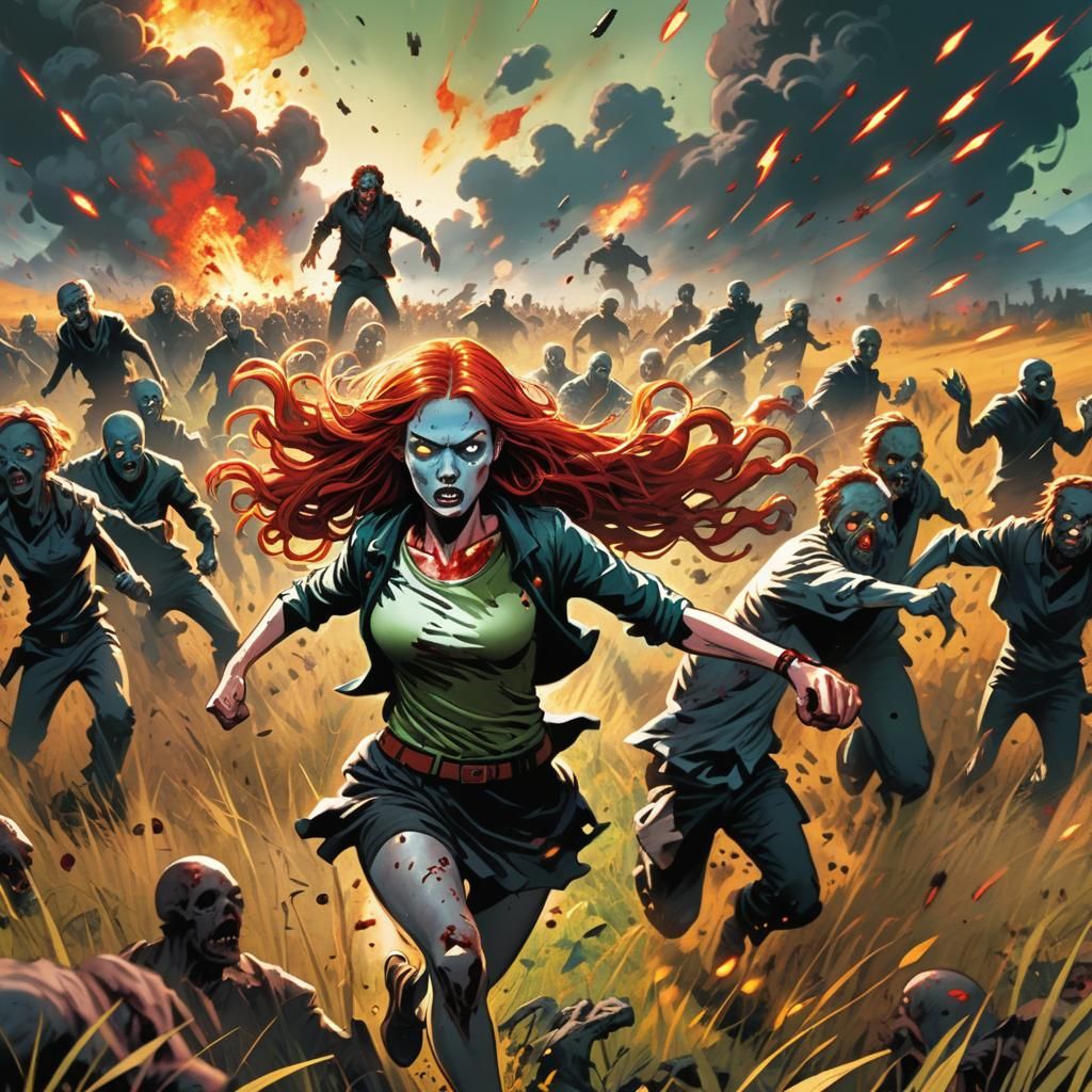 Woman Escapes Zombie Horde: Comic Book Art