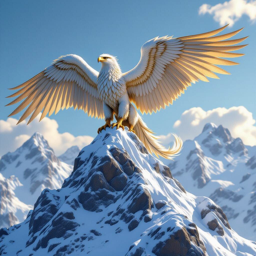 Golden Griffin on Snow Mountain: Realistic Digital Art