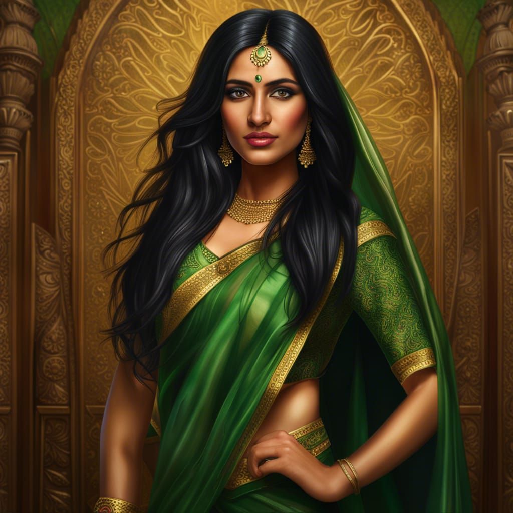 Beautiful Indian Woman in Green Saree Portrait