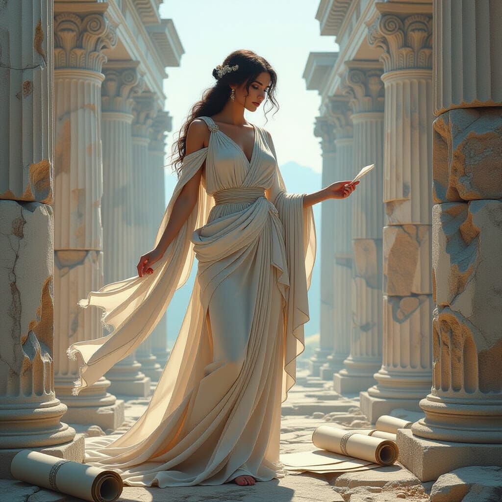 Mnemosyne Amidst Ancient Ruins in Dreamy Style