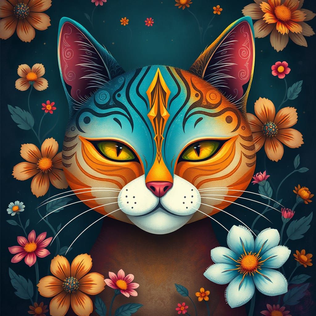 whimsical abstract portrait of a cat with a serene expressio...
