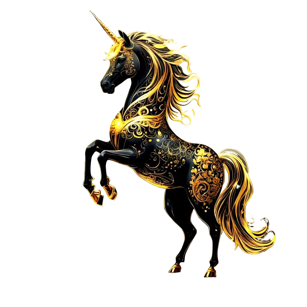 Bioluminescent Gold Unicorn Overlooking Lake with 3D Shading