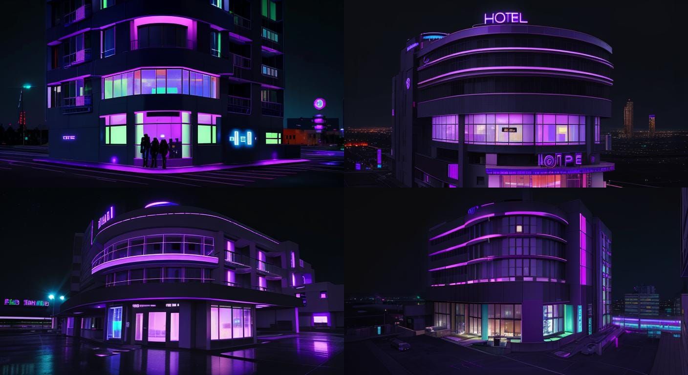 Futuristic Hotel at Night in Neon Hues