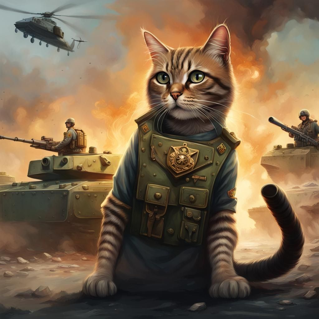 Hyperrealistic Cat General Oversees Cat War