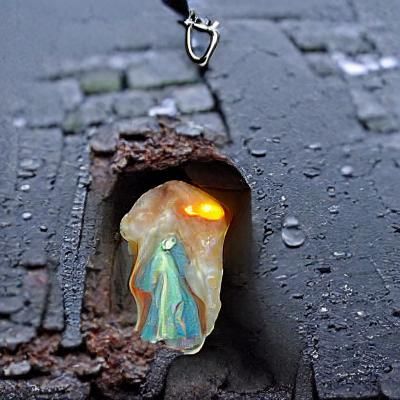 Hooded Figure with Opal Pendant in Rainy Alleyway