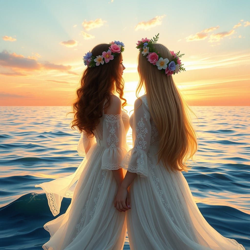 Sisters in Serene Ocean Scene with Delicate Flower Wreaths