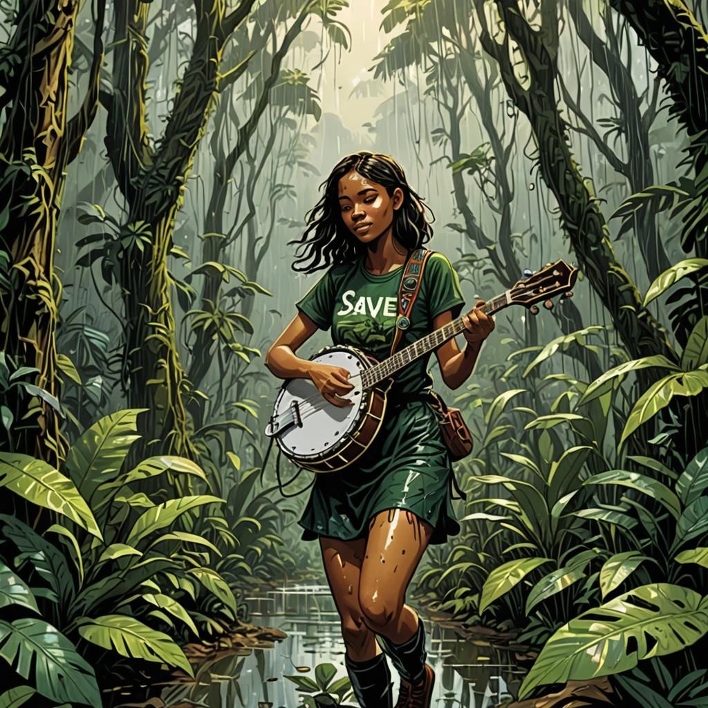 Girl Plays Banjo in Rainforest, Comic Book Art