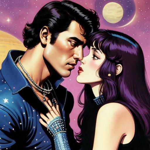 Retro Sci-Fi Kiss Illustration in Space