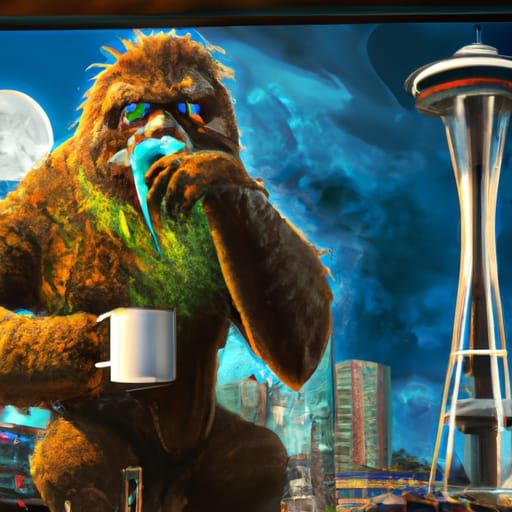 Sasquatch Latte Art: Seattle Space Needle in Dark Fantasy St...