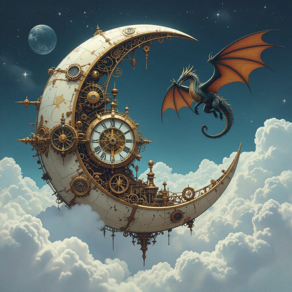 Steampunk Moon with Clockwork and Dragon