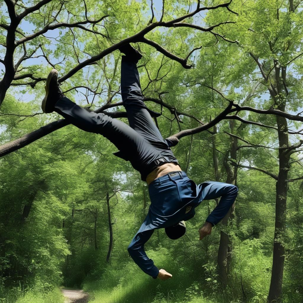 pants of a falling man caught on a tree branch