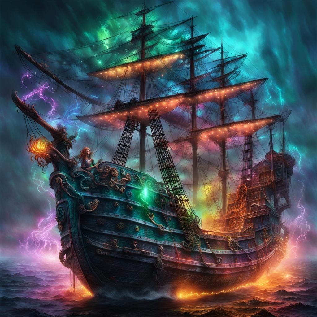 Flaming Ghost Ship with Bioluminescent Medusa