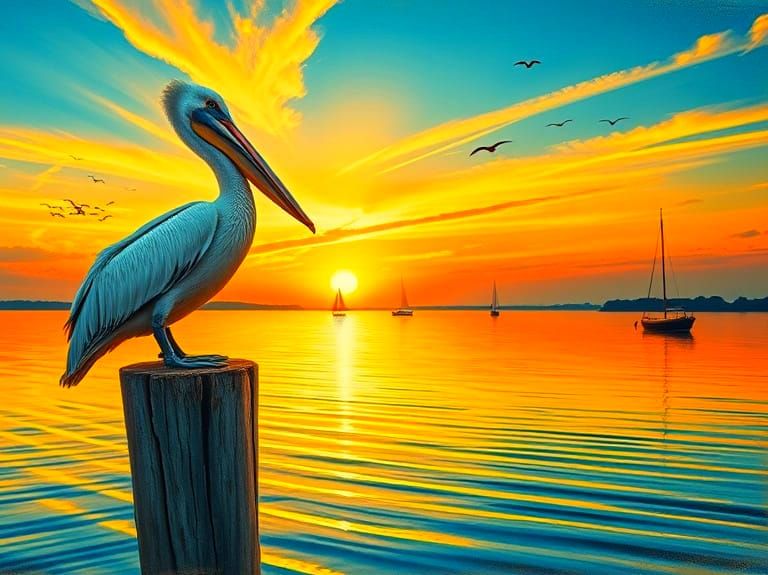 Impressionistic Pelican Sunset on a Tranquil Lake