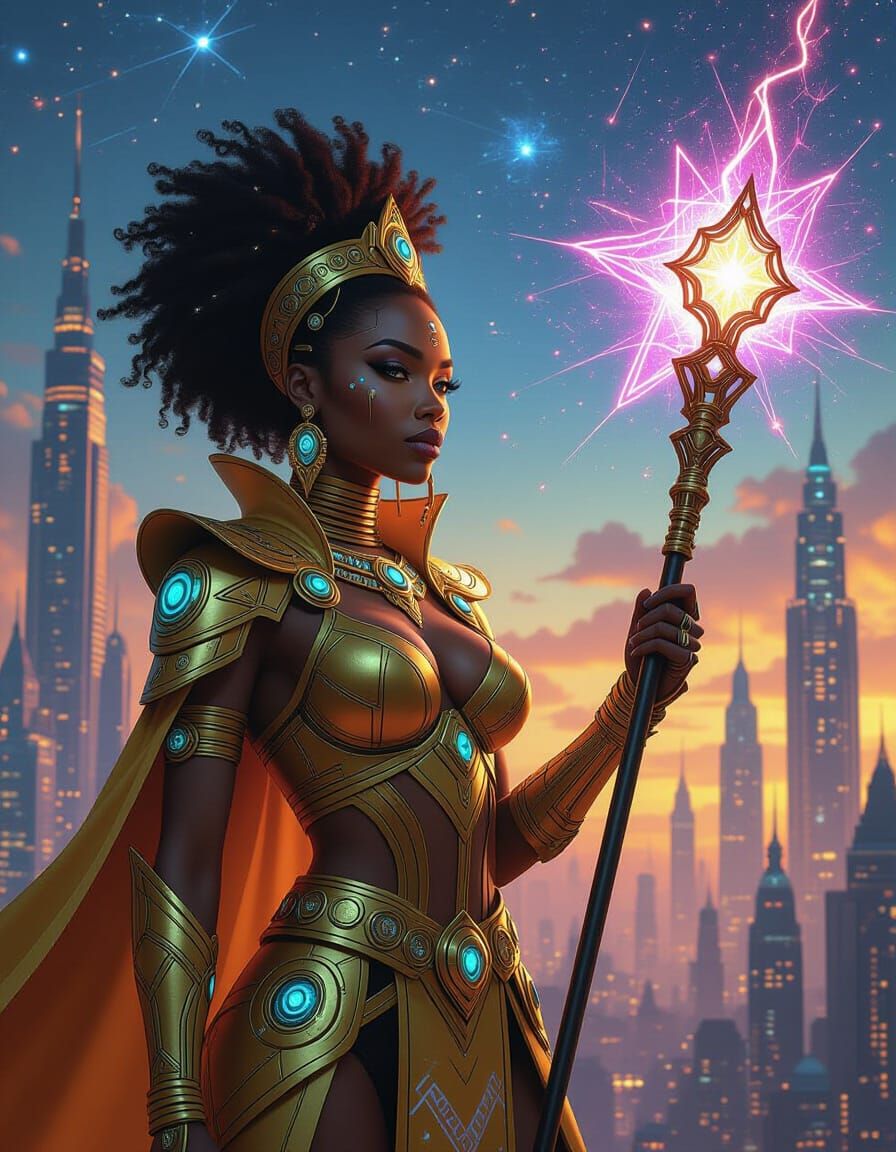 Afrofuturist Warrior Queen with Cosmic Staff in Synthwave St...