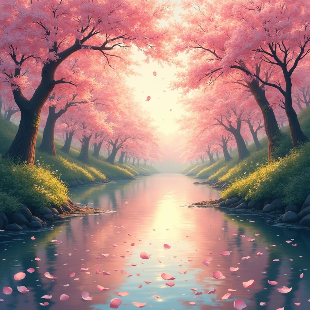 Sakura Dreamscape in Vibrant Cel-Shaded Hues