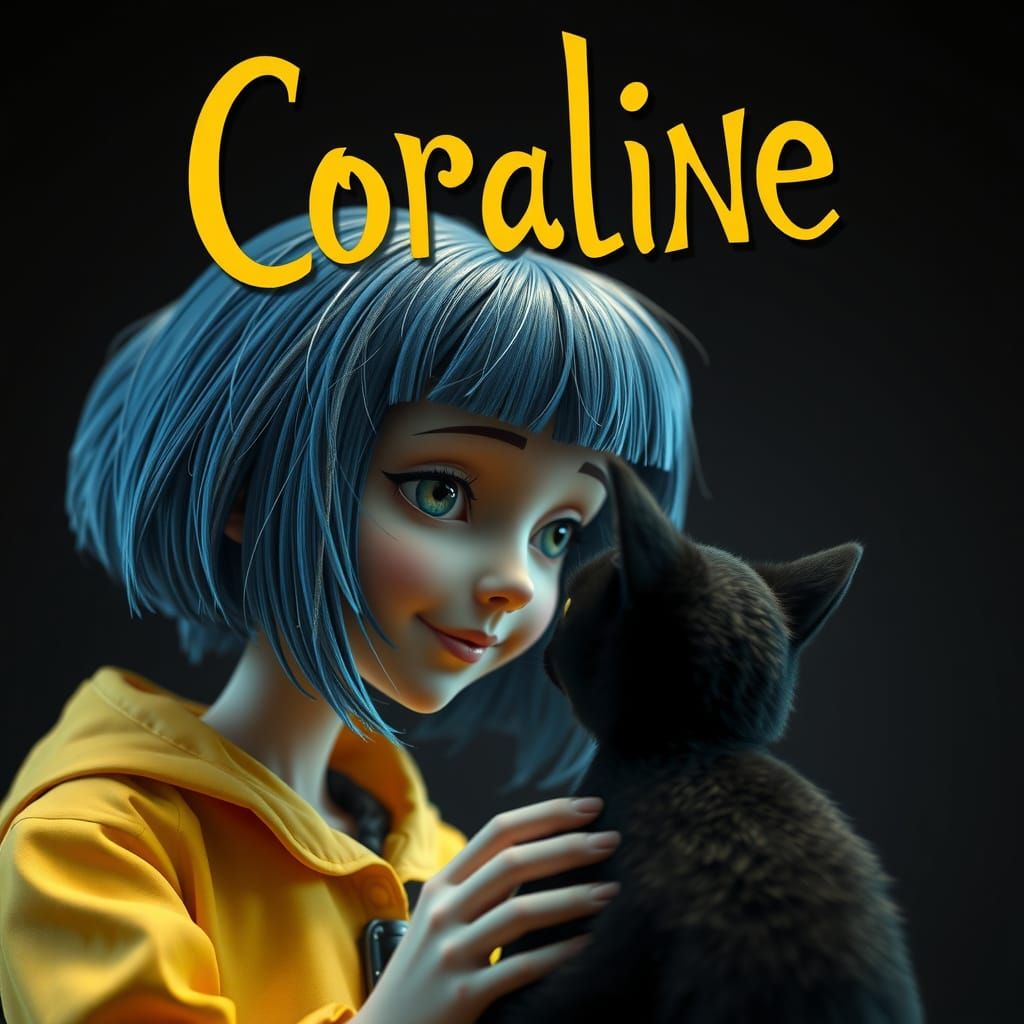 cinematic view of Coraline looking affectionately at the bla...