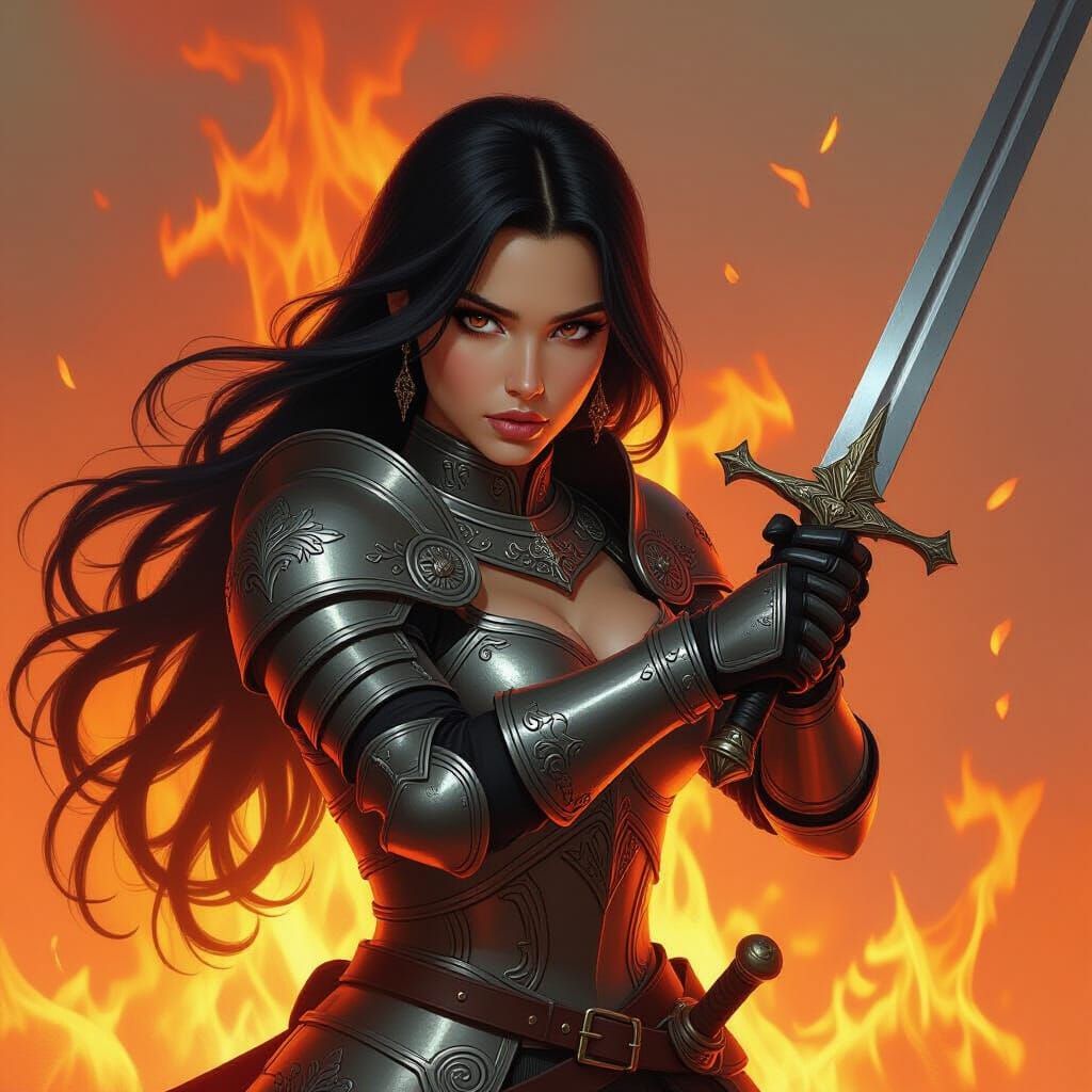 Armored Princess with Sword in Fiery Concept Art