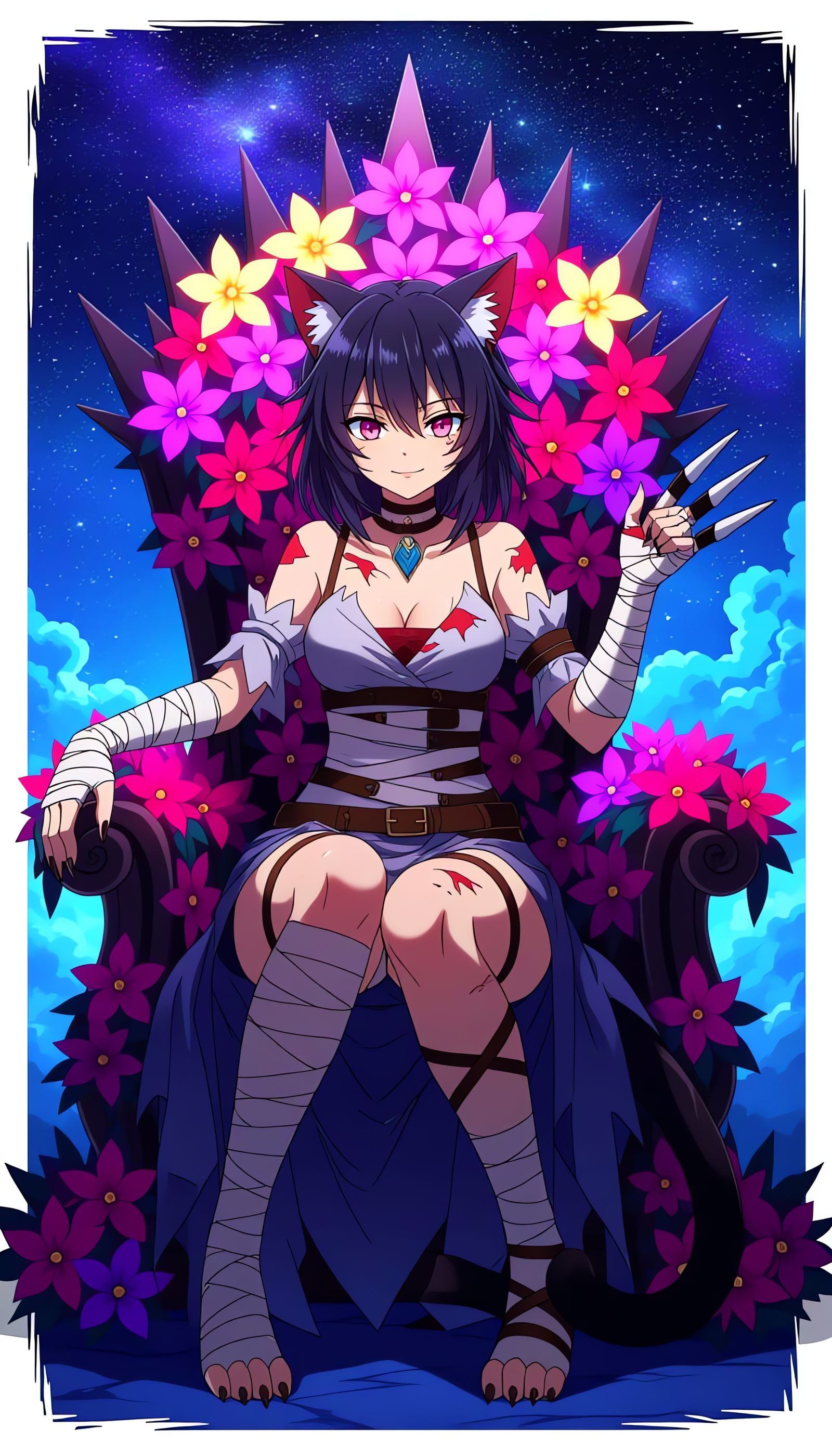 Half-Demon Cat Girl on Neon Flower Throne