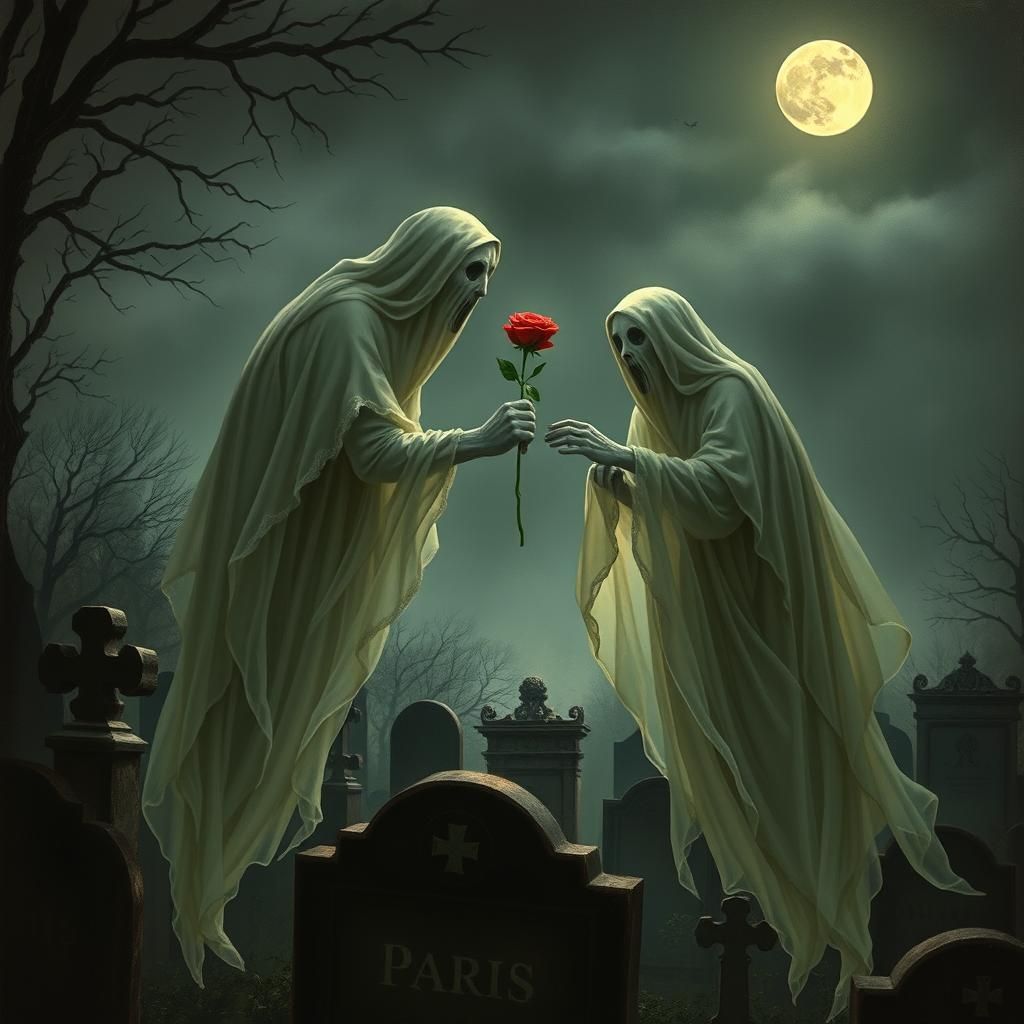 Ghosts Exchange a Rose in Graveyard, Gothic Horror Style