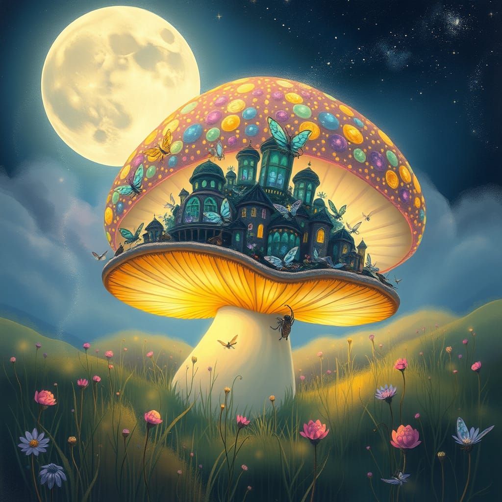 Enchanted Firefly City in Bioluminescent Mushroom, Impressio...
