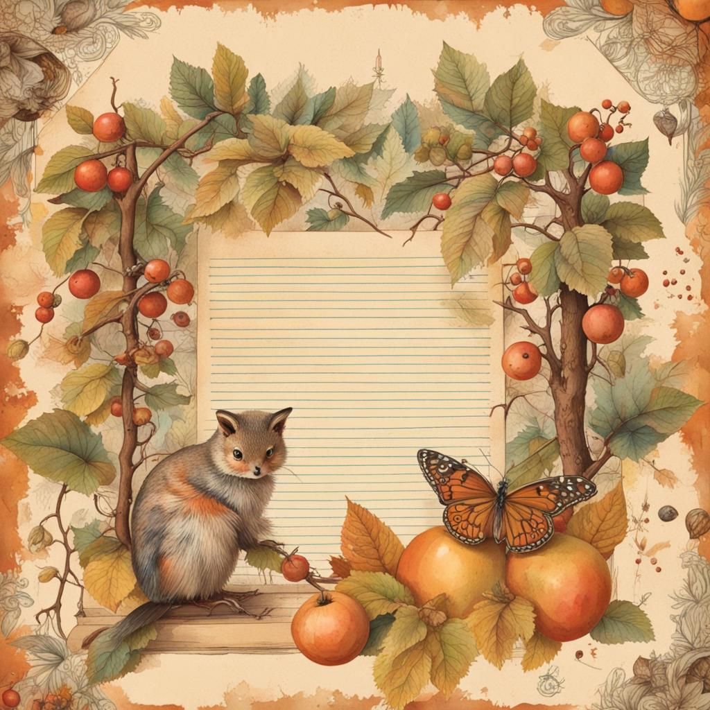 Vintage Autumn Journal Page with Berries and Forest Animals