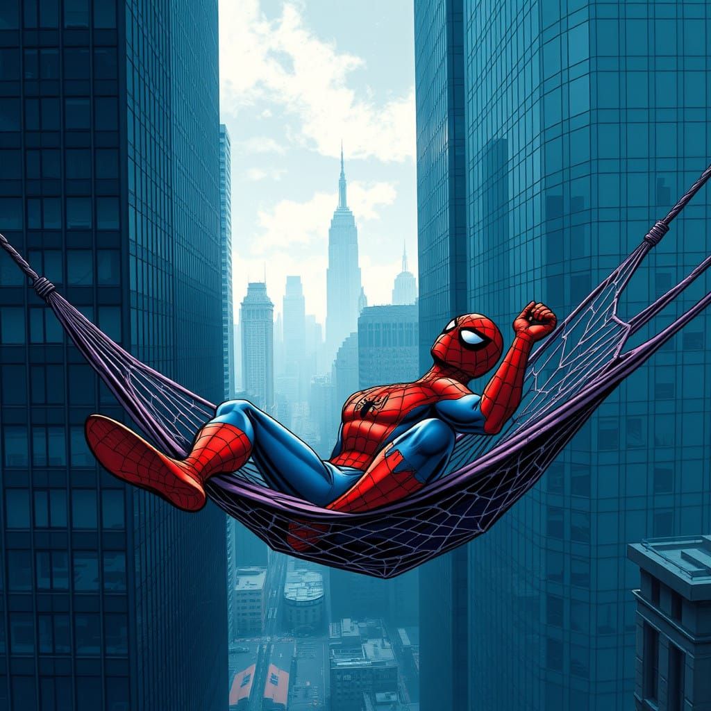 Spiderman in a Web Hammock, Comic Book Art Style