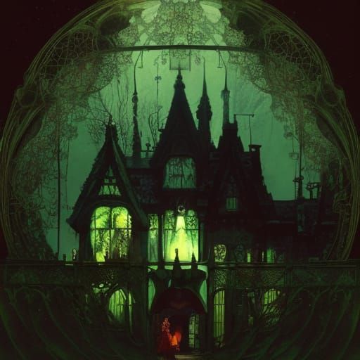 Eerie Witch House Illustration in Art Nouveau Style