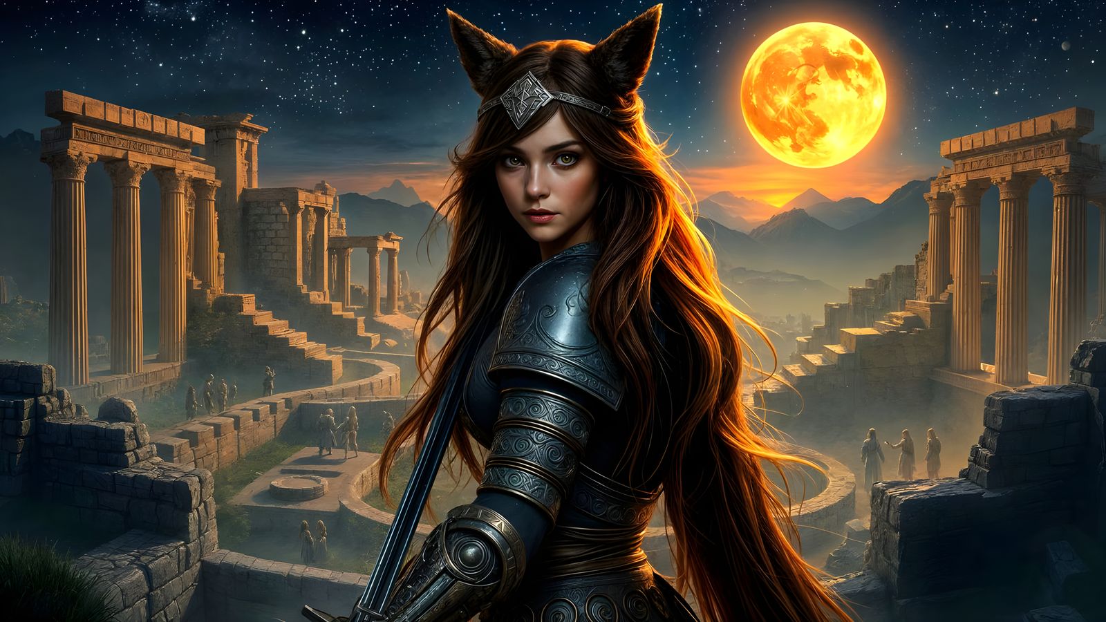 Ethereal Female Werewolf Knight Under Starry Greek Labyrinth