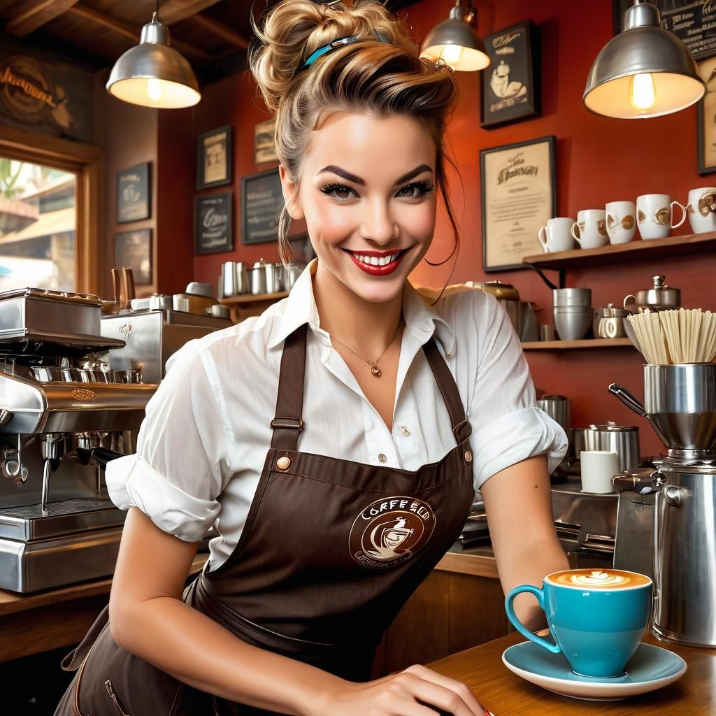 Mischievous Barista in Coffee Shop, Pin-Up Anime Style