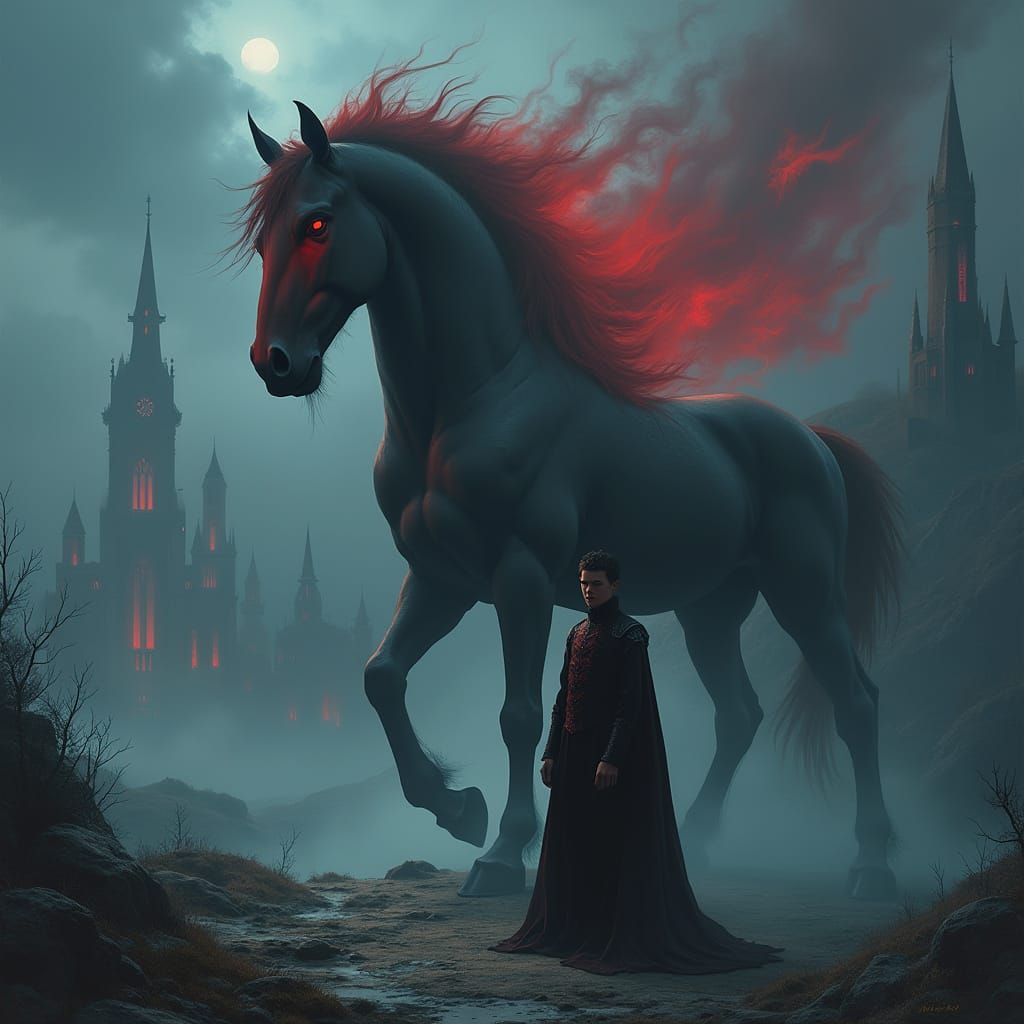 Infernal Horseman at Burning Gothic Castle