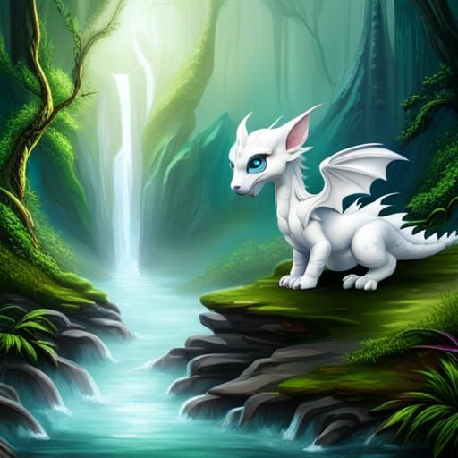 Ethereal White Baby Dragon by Lakeside Waterfall