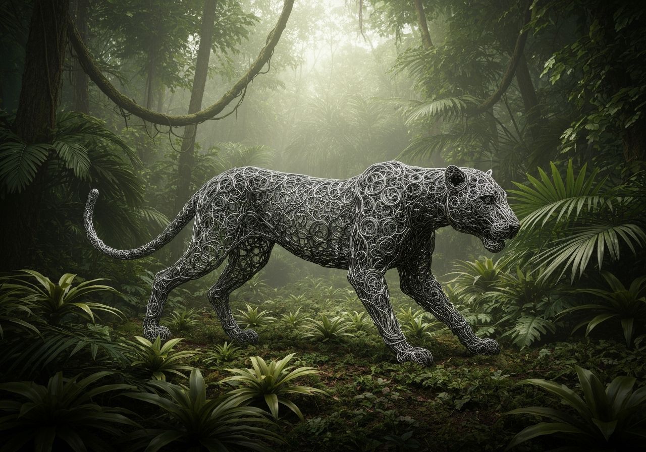 Metal Wire Panther in a Lush Jungle