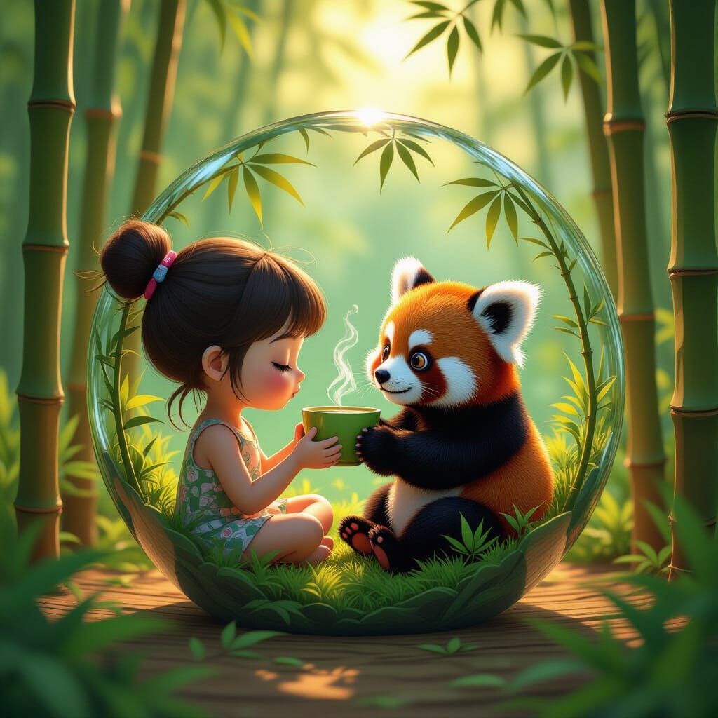 Girl Shares Tea With Red Panda in Bamboo Jungle