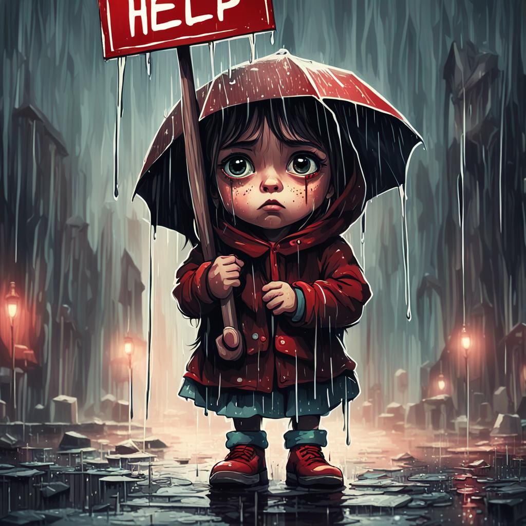 Sad Girl in Rain Holding Help Sign