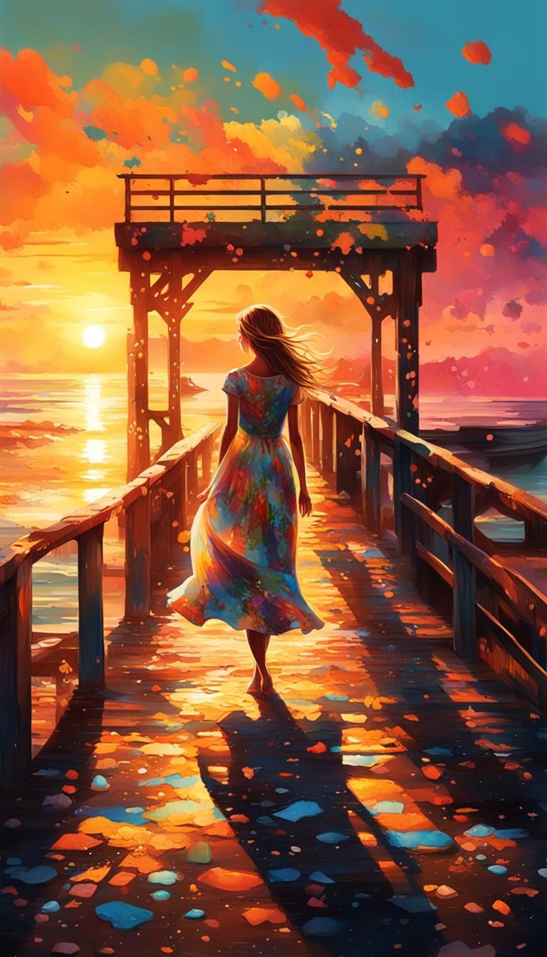 Sunset Beach Graffiti Art of Woman in Summer Dress