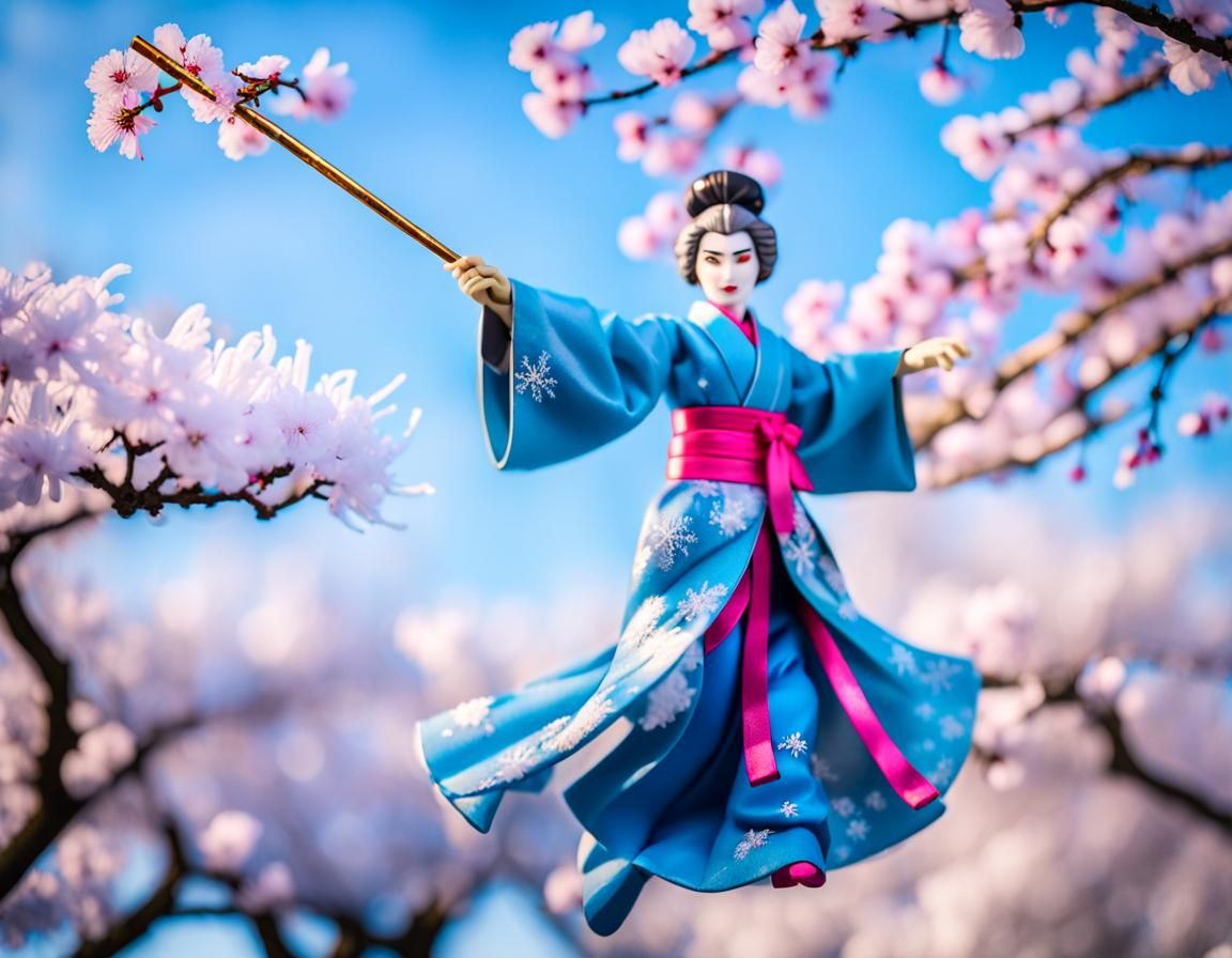 Superhero Geisha Leaping in Winter Sunrise